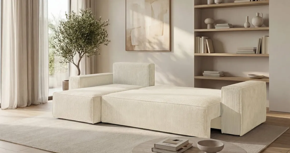 Designer Ecksofa Lunaro Mini mit Schlaf- und Klappfunktion in Cord