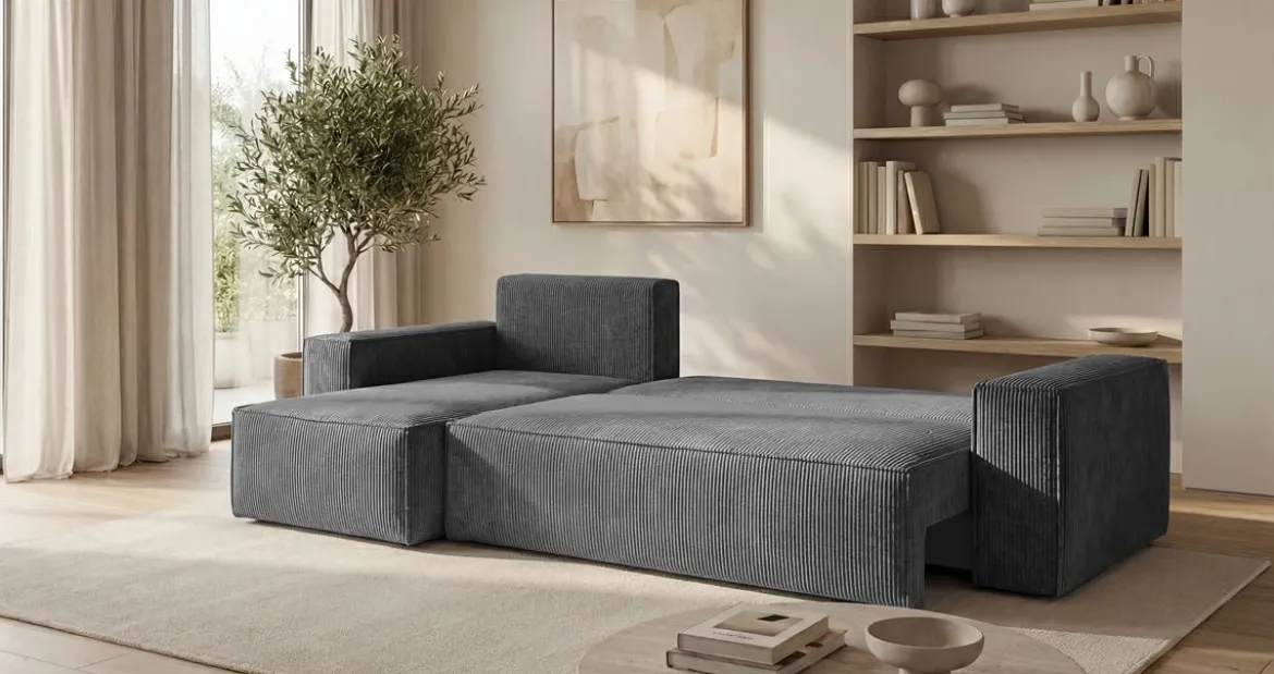 Designer Ecksofa Lunaro Mini mit Schlaf- und Klappfunktion in Cord