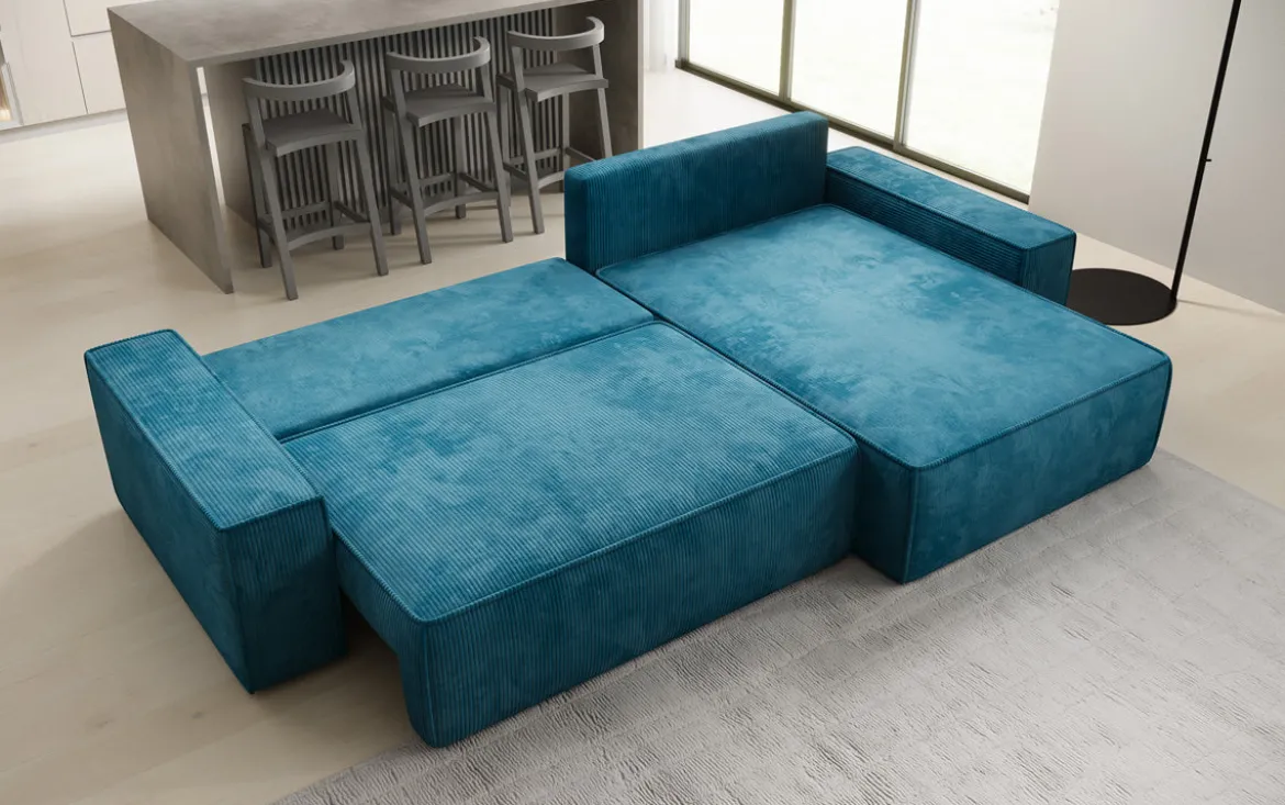 Designer Ecksofa Lunaro mit Schlaf- und Klappfunktion in Cord