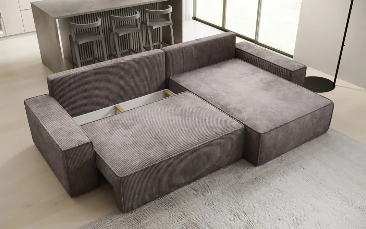 Designer Ecksofa Lunaro mit Schlaf- und Klappfunktion in Cord