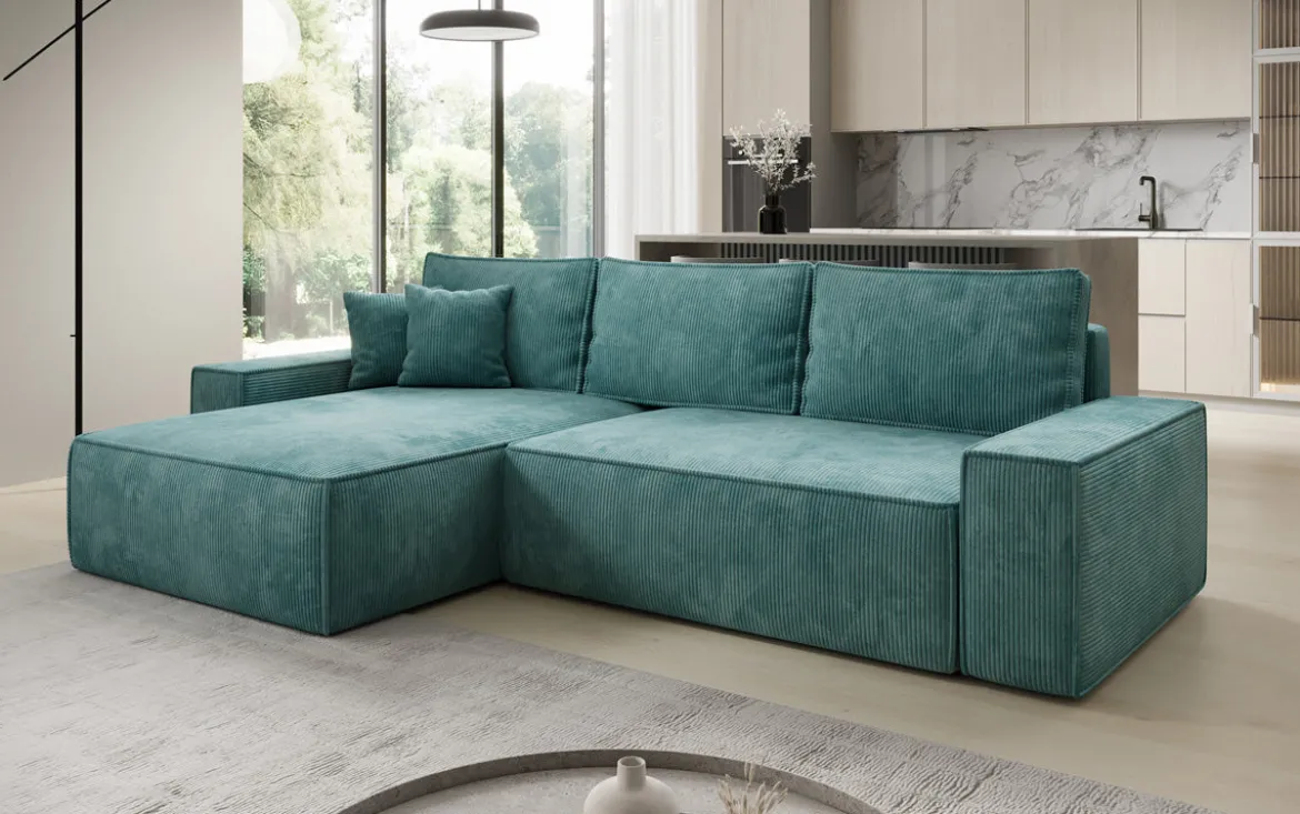 Designer Ecksofa Lunaro mit Schlaf- und Klappfunktion in Cord
