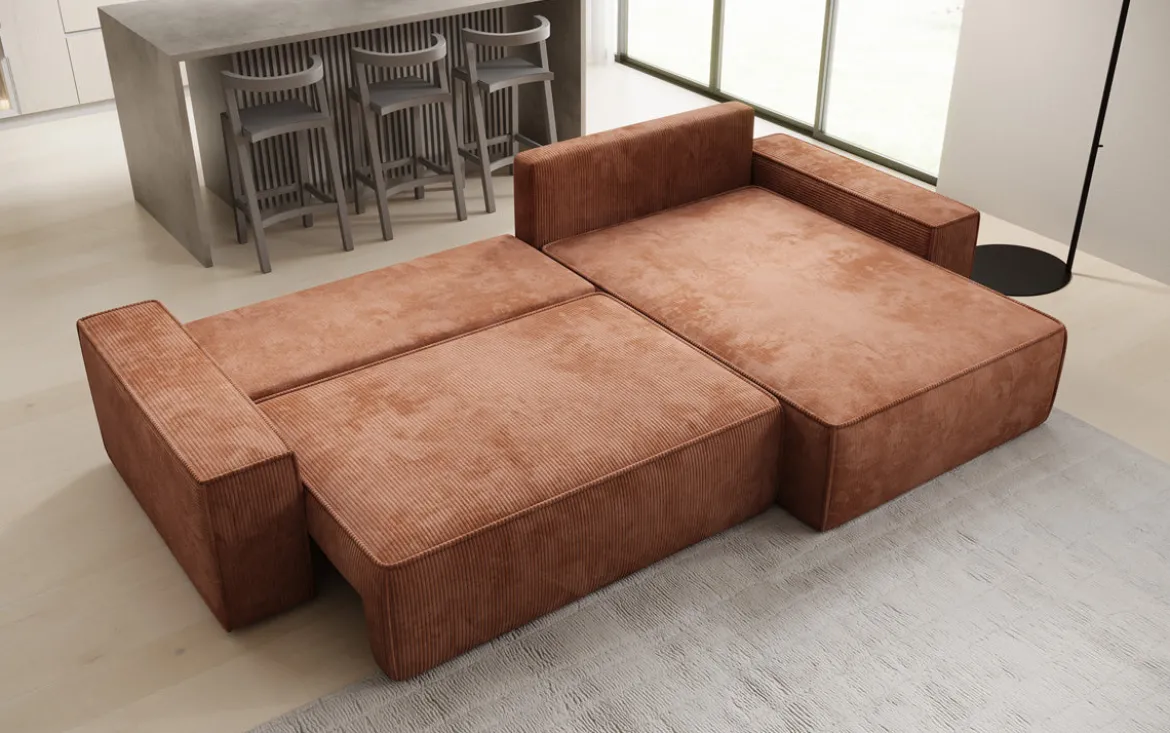Designer Ecksofa Lunaro mit Schlaf- und Klappfunktion in Cord