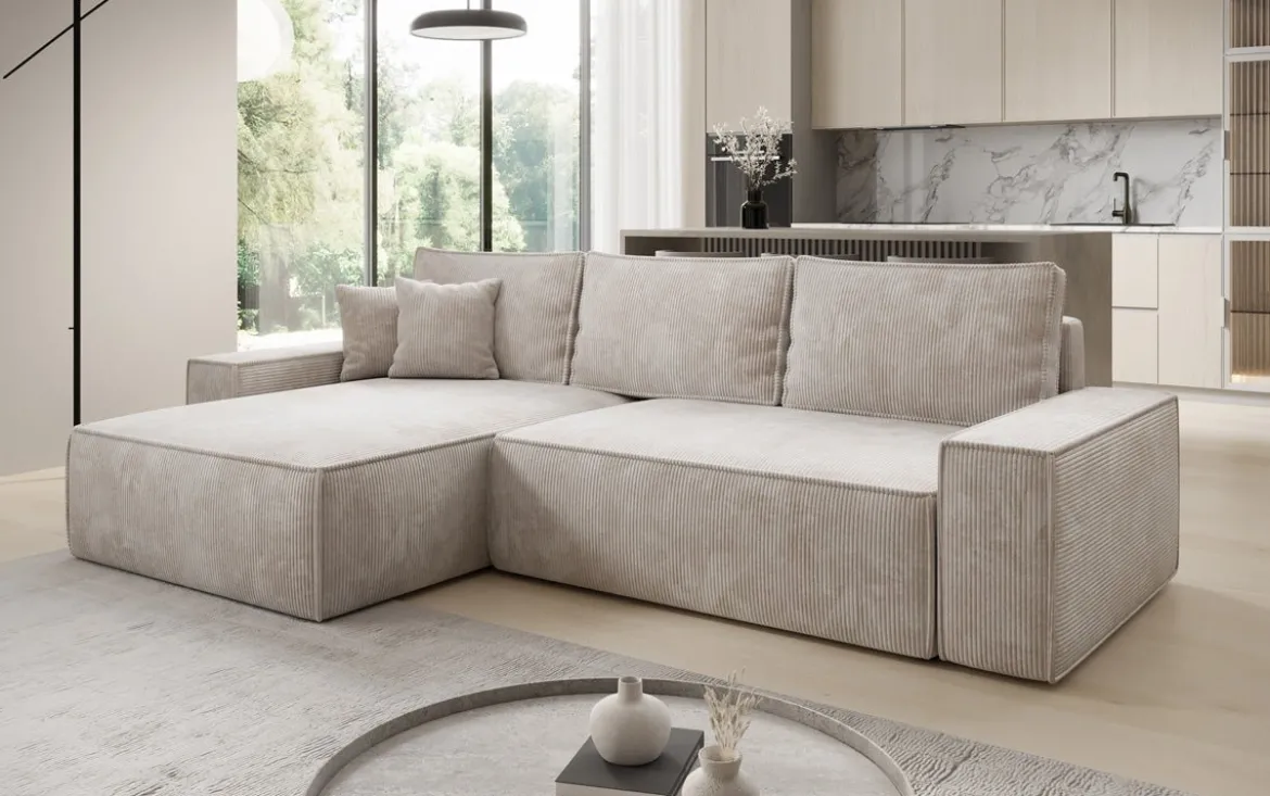 Designer Ecksofa Lunaro mit Schlaf- und Klappfunktion in Cord