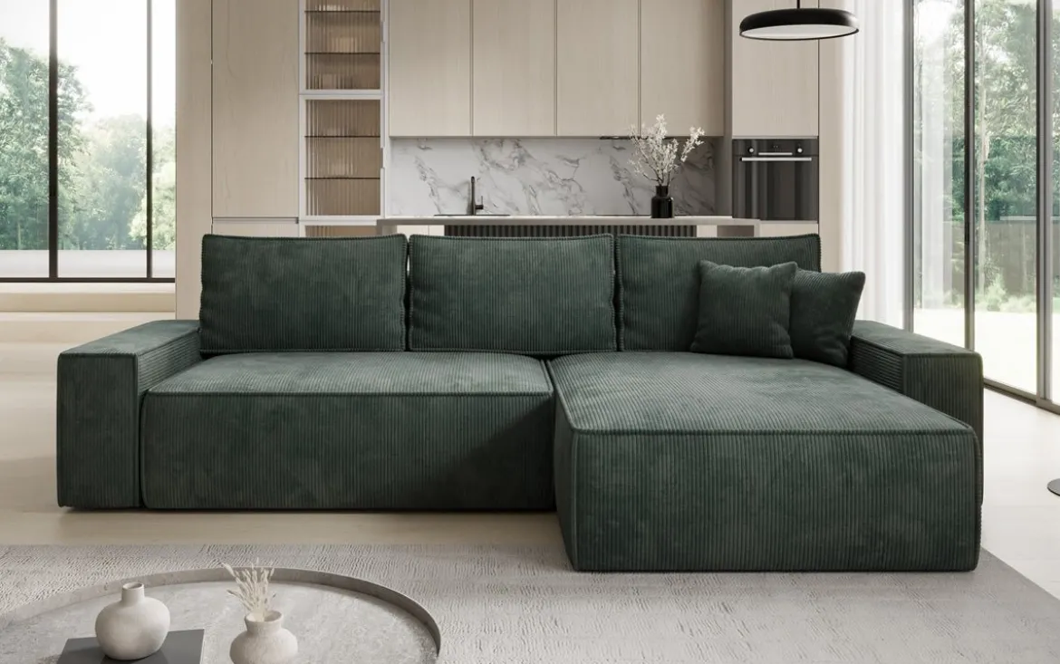 Designer Ecksofa Lunaro mit Schlaf- und Klappfunktion in Cord