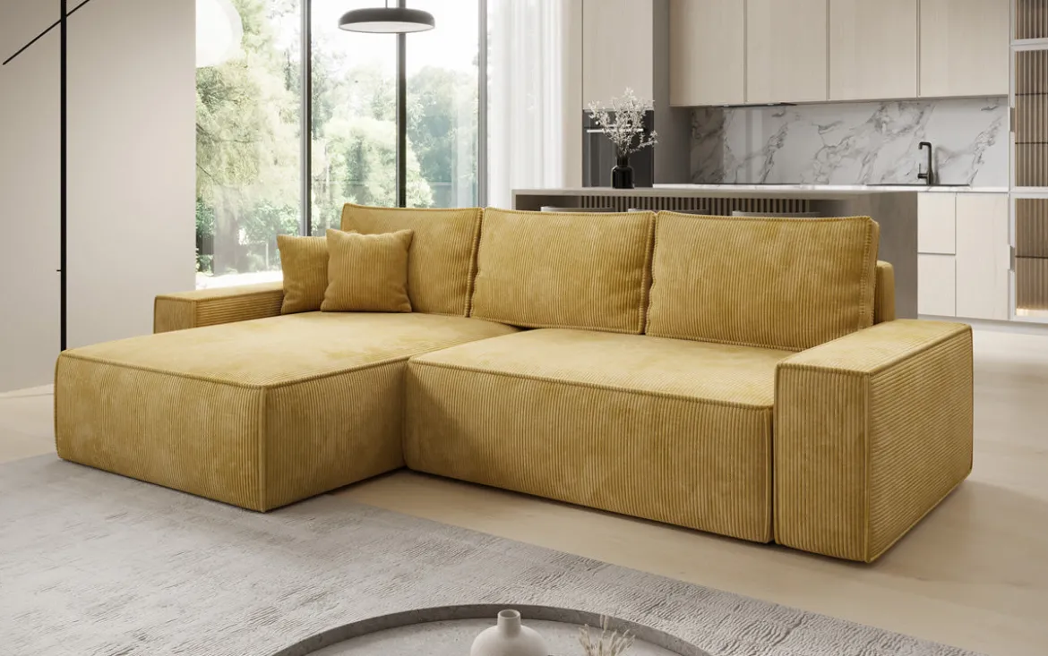 Designer Ecksofa Lunaro mit Schlaf- und Klappfunktion in Cord