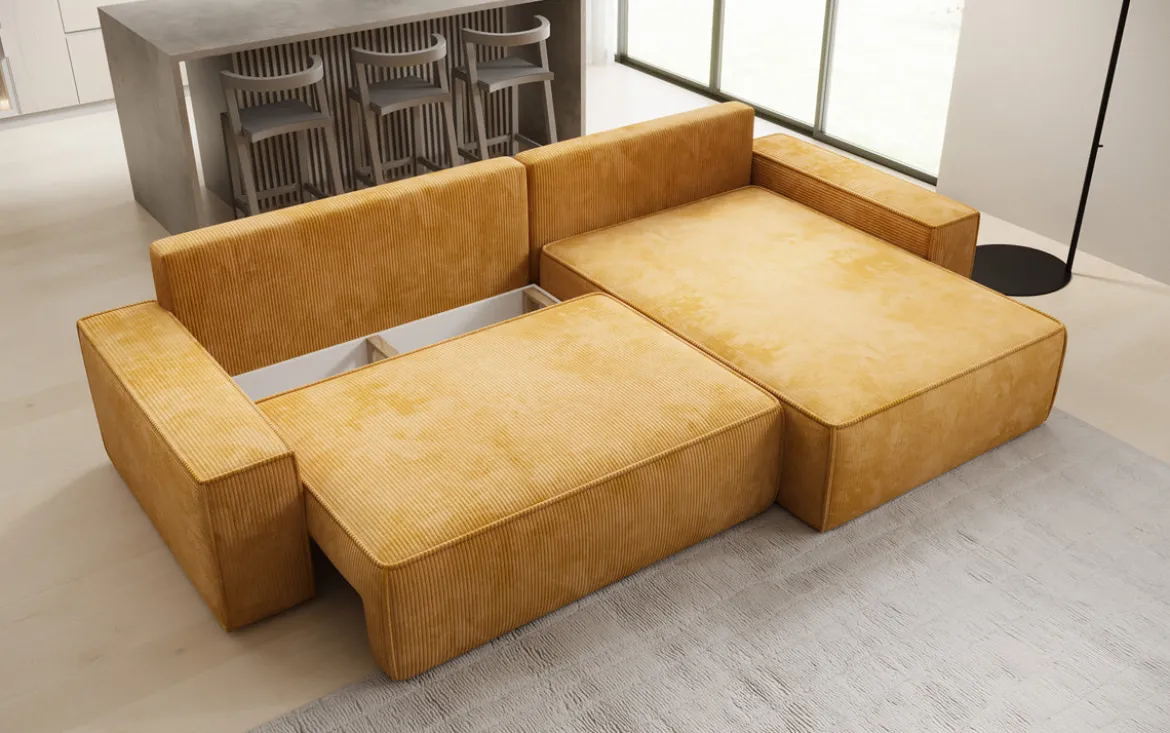 Designer Ecksofa Lunaro mit Schlaf- und Klappfunktion in Cord