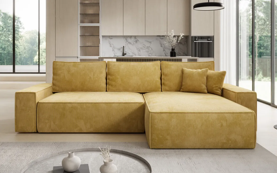 Designer Ecksofa Lunaro mit Schlaf- und Klappfunktion in Cord