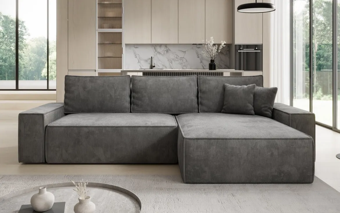 Designer Ecksofa Lunaro mit Schlaf- und Klappfunktion in Cord