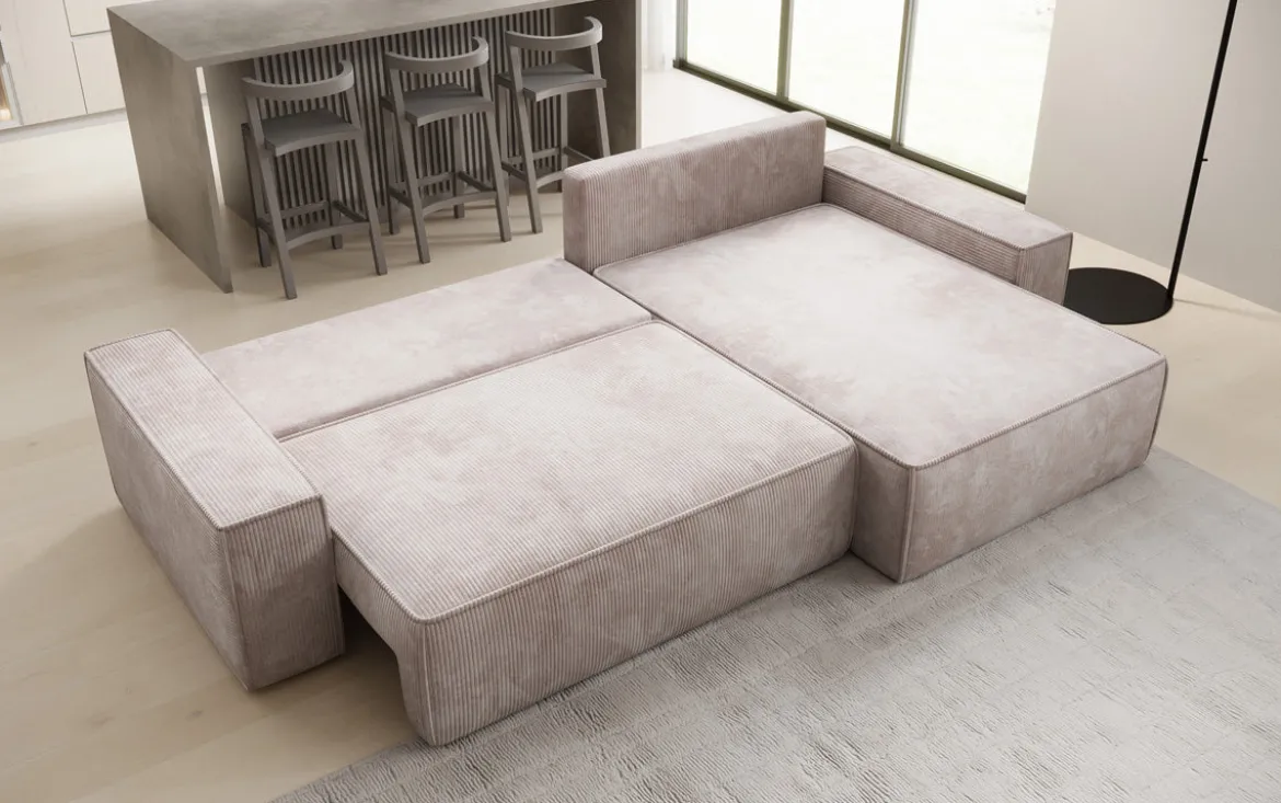 Designer Ecksofa Lunaro mit Schlaf- und Klappfunktion in Cord