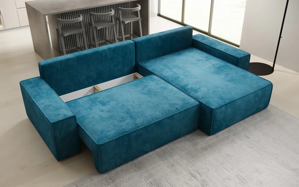 Designer Ecksofa Lunaro mit Schlaf- und Klappfunktion in Cord