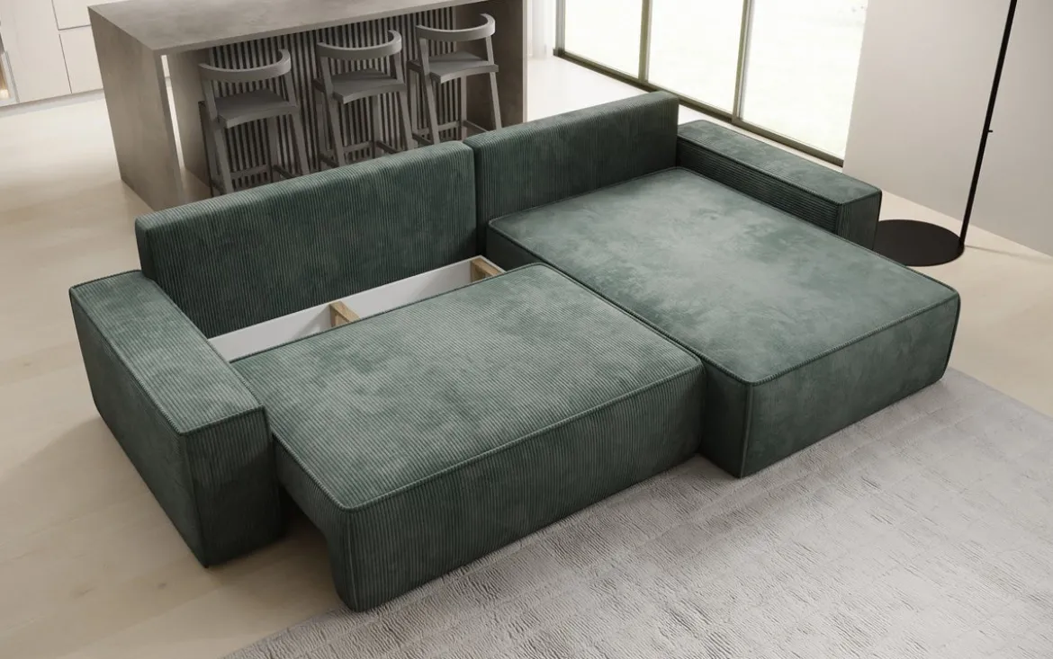 Designer Ecksofa Lunaro mit Schlaf- und Klappfunktion in Cord