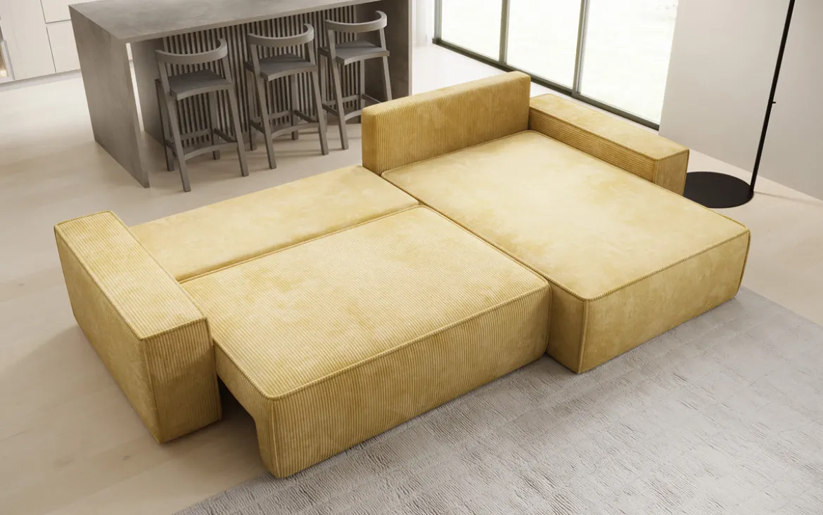 Designer Ecksofa Lunaro mit Schlaf- und Klappfunktion in Cord