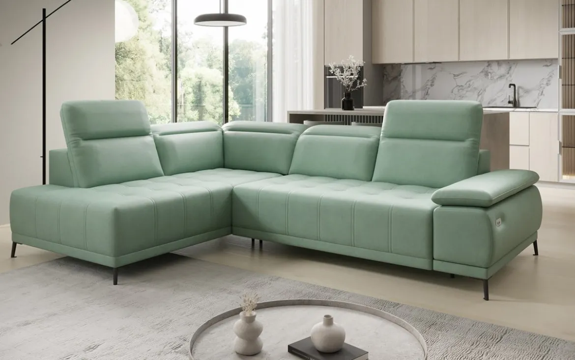 Designer Ecksofa Lyra mit elektrischer Schlaffunktion in Echtleder