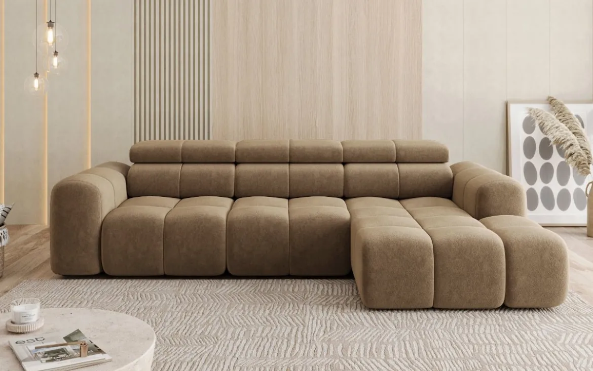 Designer Ecksofa Mia mit elektrischer Sitzerweiterung in Chenille