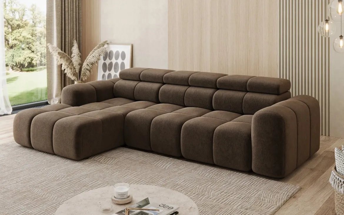 Designer Ecksofa Mia mit elektrischer Sitzerweiterung in Chenille
