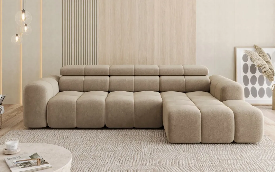 Designer Ecksofa Mia mit elektrischer Sitzerweiterung in Chenille