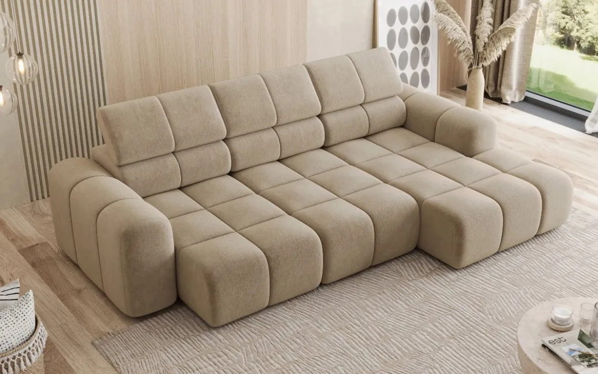 Designer Ecksofa Mia mit elektrischer Sitzerweiterung in Chenille