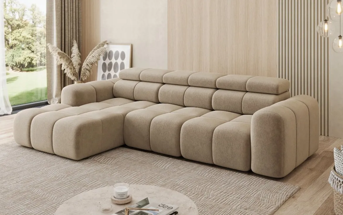 Designer Ecksofa Mia mit elektrischer Sitzerweiterung in Chenille