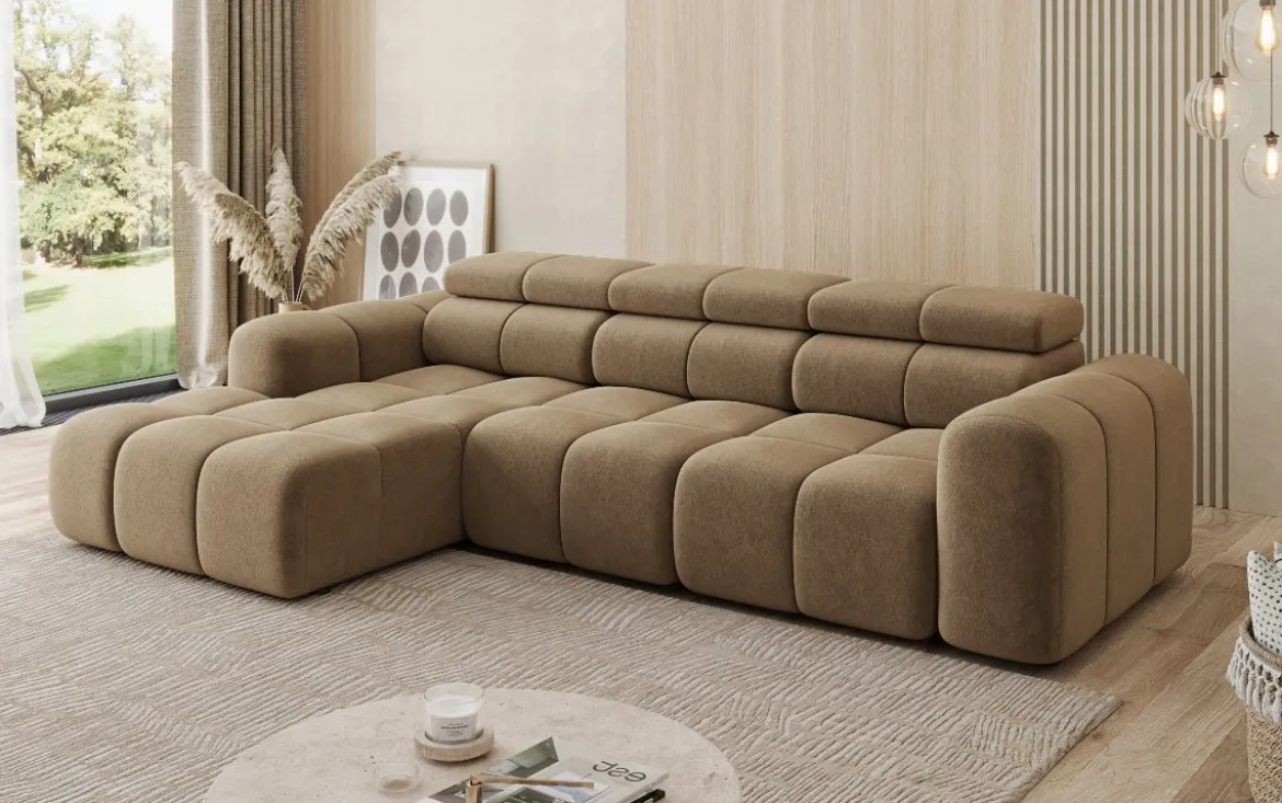 Designer Ecksofa Mia mit elektrischer Sitzerweiterung in Chenille