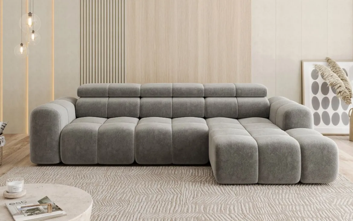 Designer Ecksofa Mia mit elektrischer Sitzerweiterung in Chenille