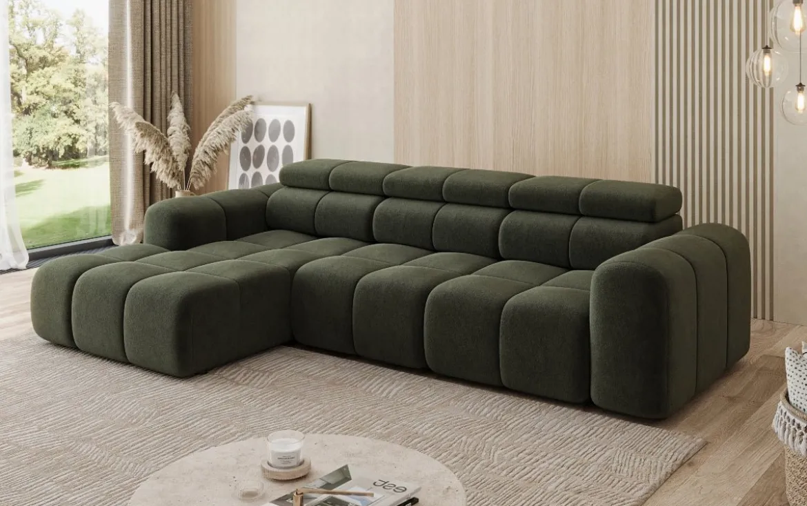 Designer Ecksofa Mia mit elektrischer Sitzerweiterung in Chenille