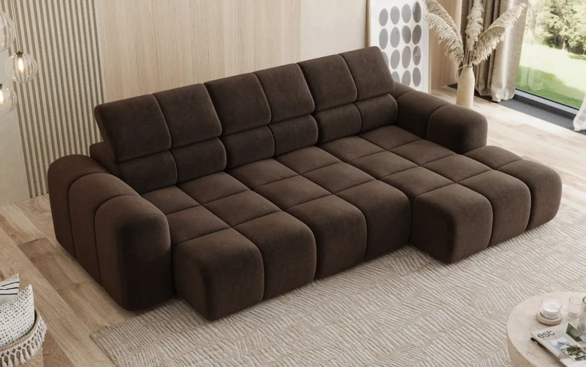 Designer Ecksofa Mia mit elektrischer Sitzerweiterung in Chenille