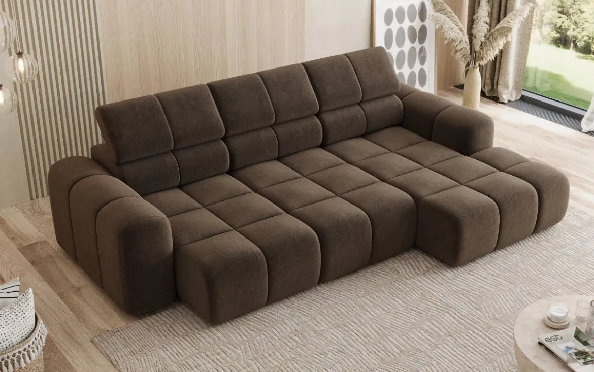Designer Ecksofa Mia mit elektrischer Sitzerweiterung in Chenille