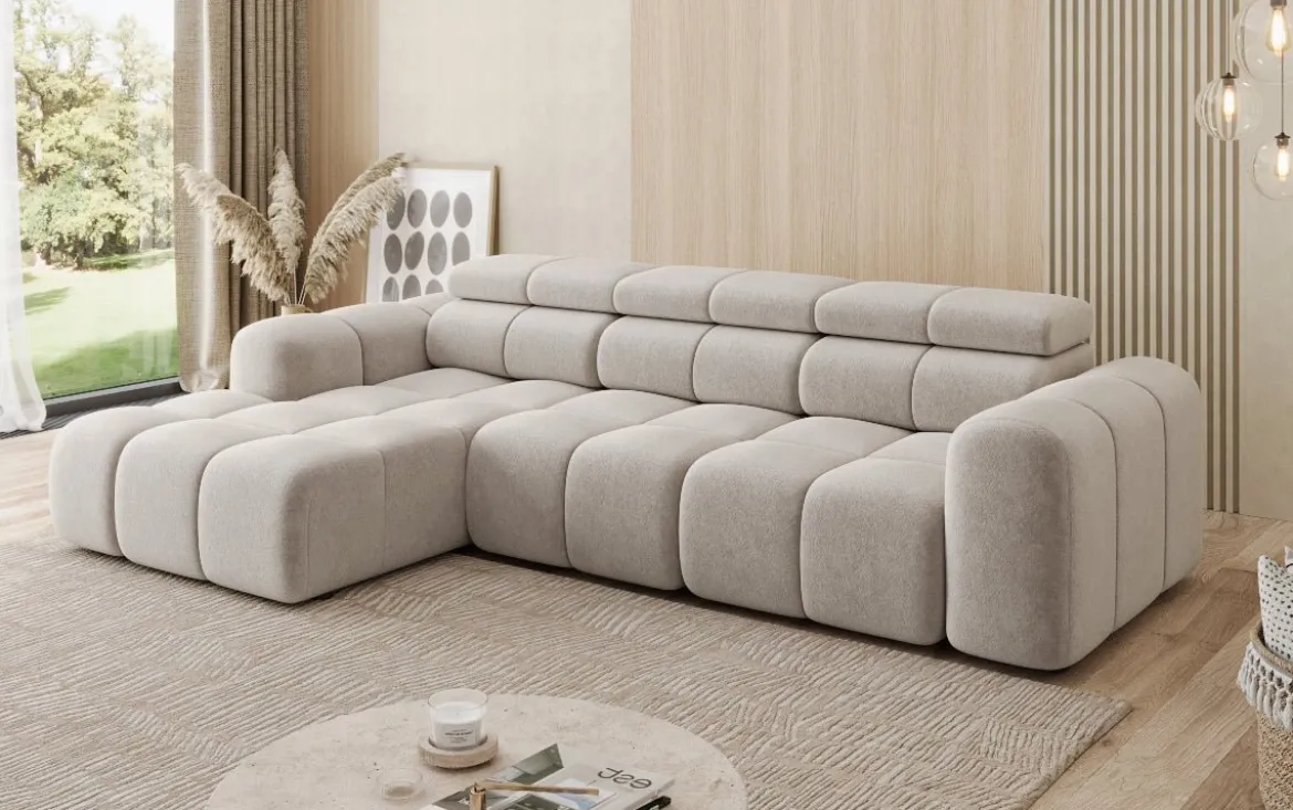 Designer Ecksofa Mia mit elektrischer Sitzerweiterung in Chenille