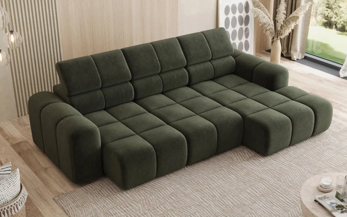 Designer Ecksofa Mia mit elektrischer Sitzerweiterung in Chenille