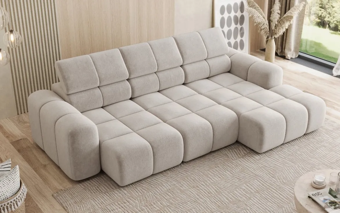 Designer Ecksofa Mia mit elektrischer Sitzerweiterung in Chenille