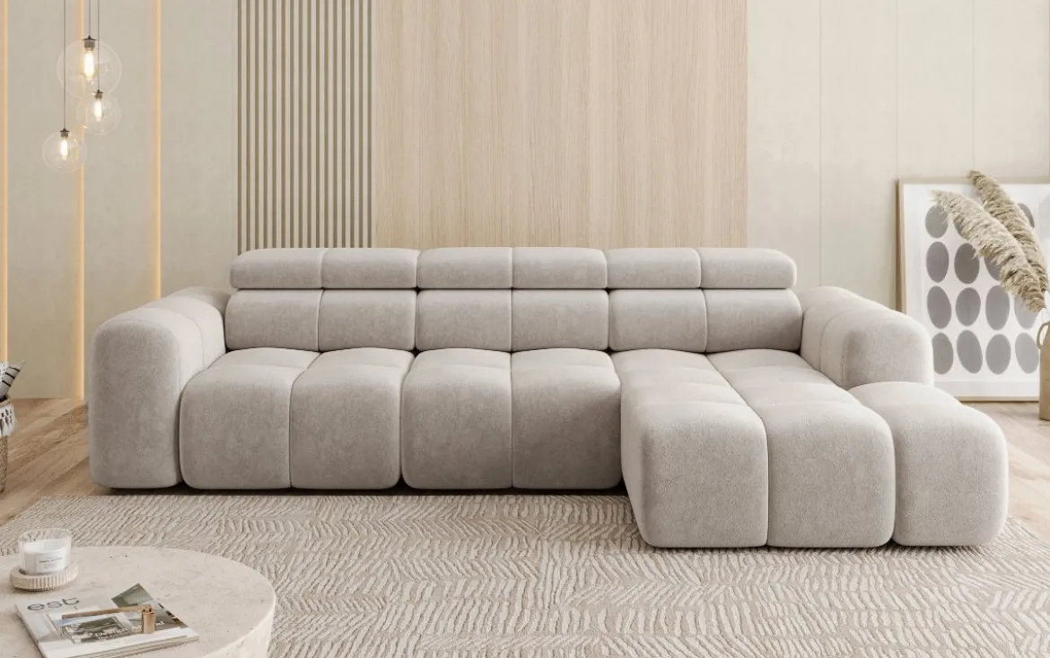Designer Ecksofa Mia mit elektrischer Sitzerweiterung in Chenille