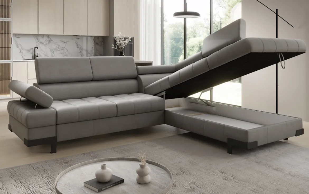 Designer Ecksofa Noelia mit Schlaffunktion und Stauraum in Echtleder