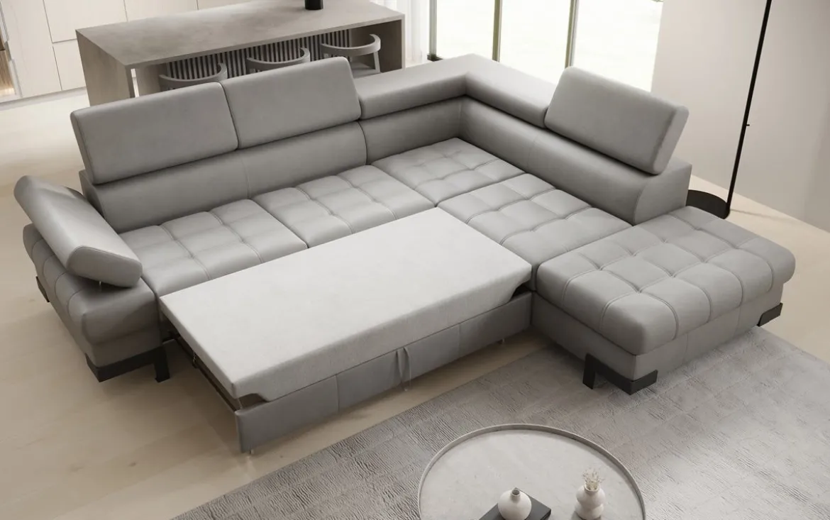 Designer Ecksofa Noelia mit Schlaffunktion und Stauraum in Echtleder