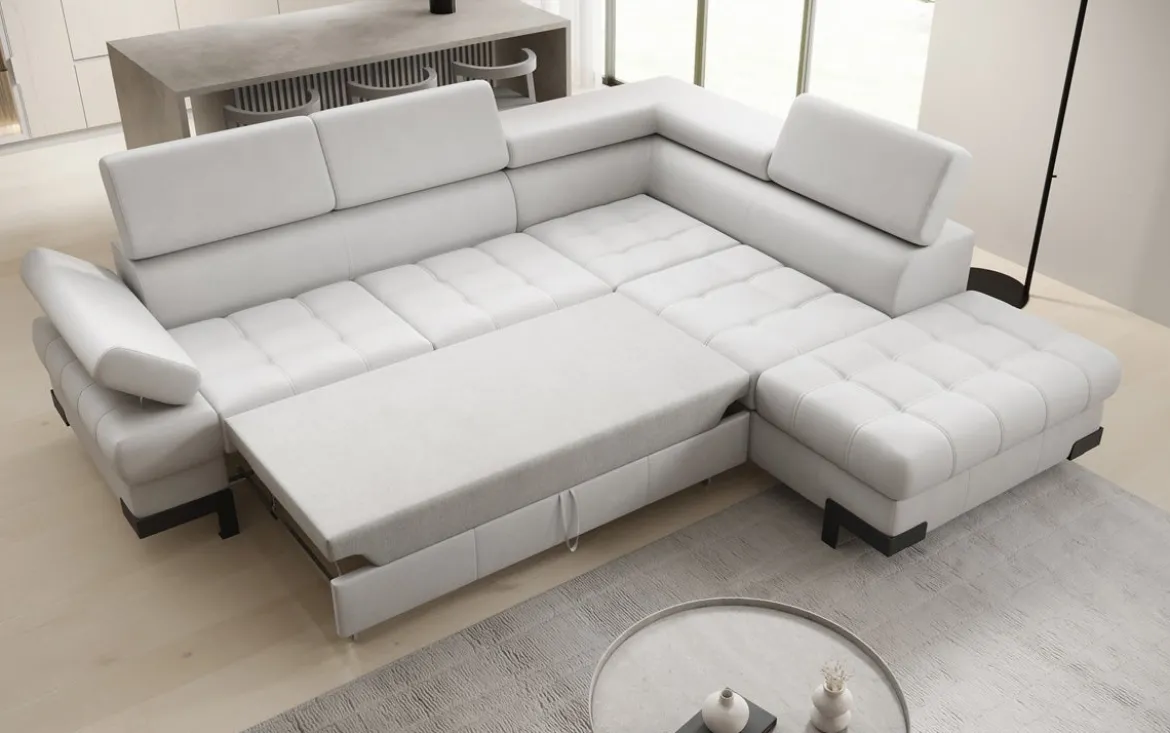 Designer Ecksofa Noelia mit Schlaffunktion und Stauraum in Echtleder