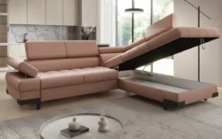 Designer Ecksofa Noelia mit Schlaffunktion und Stauraum in Echtleder
