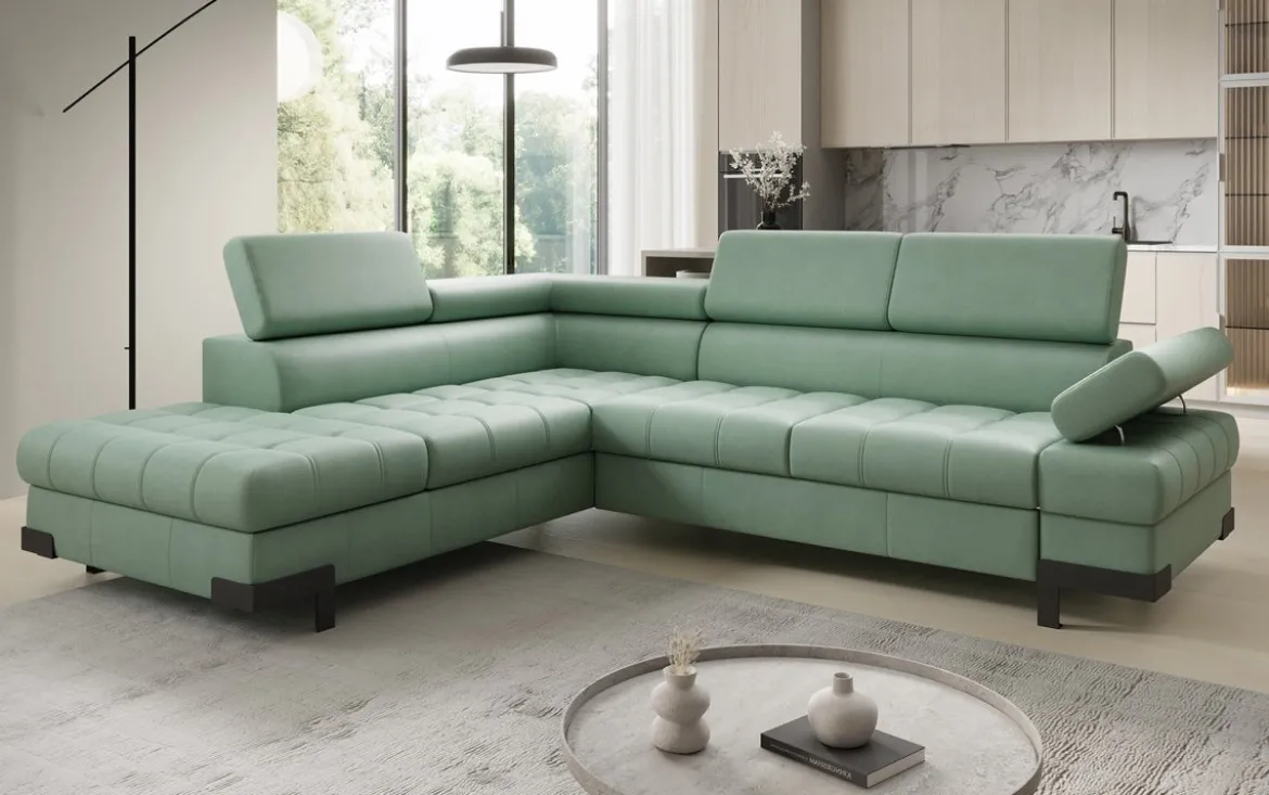 Designer Ecksofa Noelia mit Schlaffunktion und Stauraum in Echtleder
