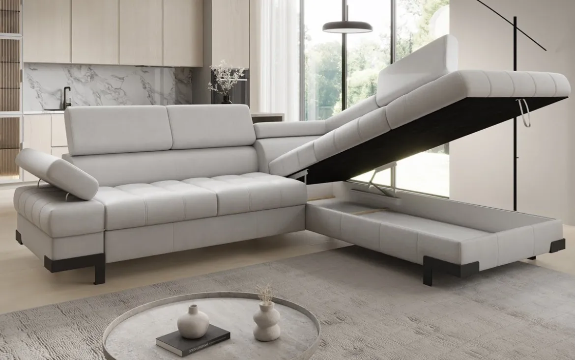 Designer Ecksofa Noelia mit Schlaffunktion und Stauraum in Echtleder