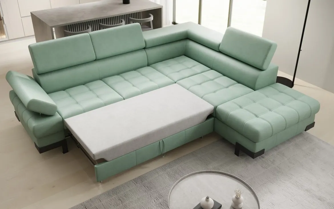 Designer Ecksofa Noelia mit Schlaffunktion und Stauraum in Echtleder