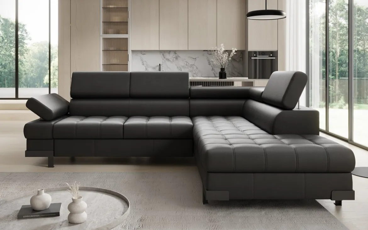 Designer Ecksofa Noelia mit Schlaffunktion und Stauraum in Echtleder