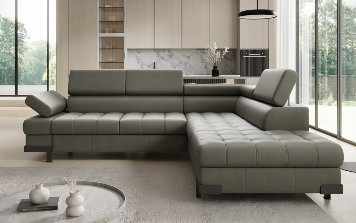 Designer Ecksofa Noelia mit Schlaffunktion und Stauraum in Echtleder