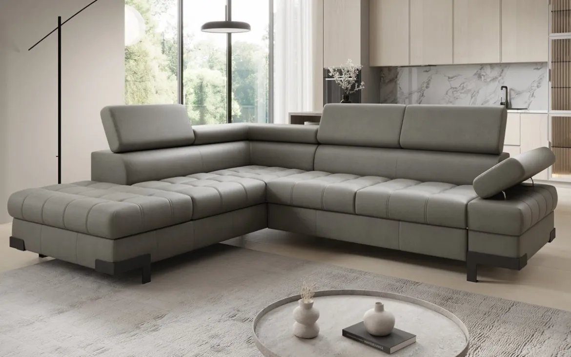 Designer Ecksofa Noelia mit Schlaffunktion und Stauraum in Echtleder