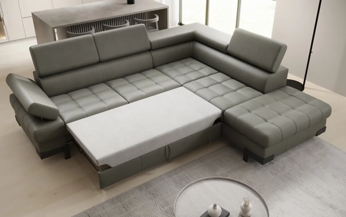 Designer Ecksofa Noelia mit Schlaffunktion und Stauraum in Echtleder