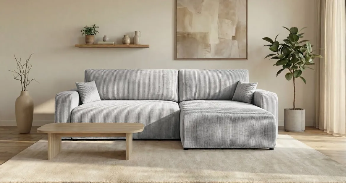 Designer Ecksofa Noma mit Schlaf- und Klappfunktion in Cord