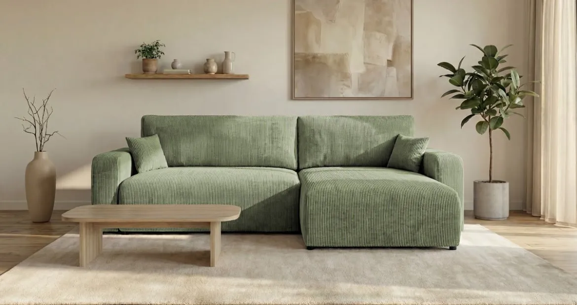 Designer Ecksofa Noma mit Schlaf- und Klappfunktion in Cord