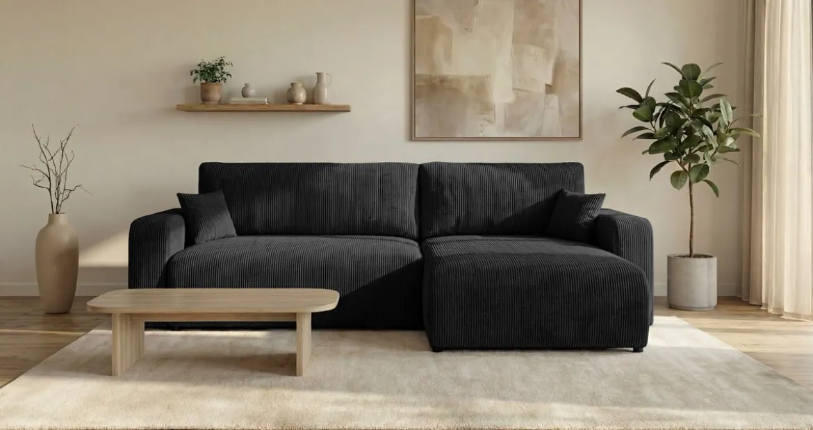 Designer Ecksofa Noma mit Schlaf- und Klappfunktion in Cord