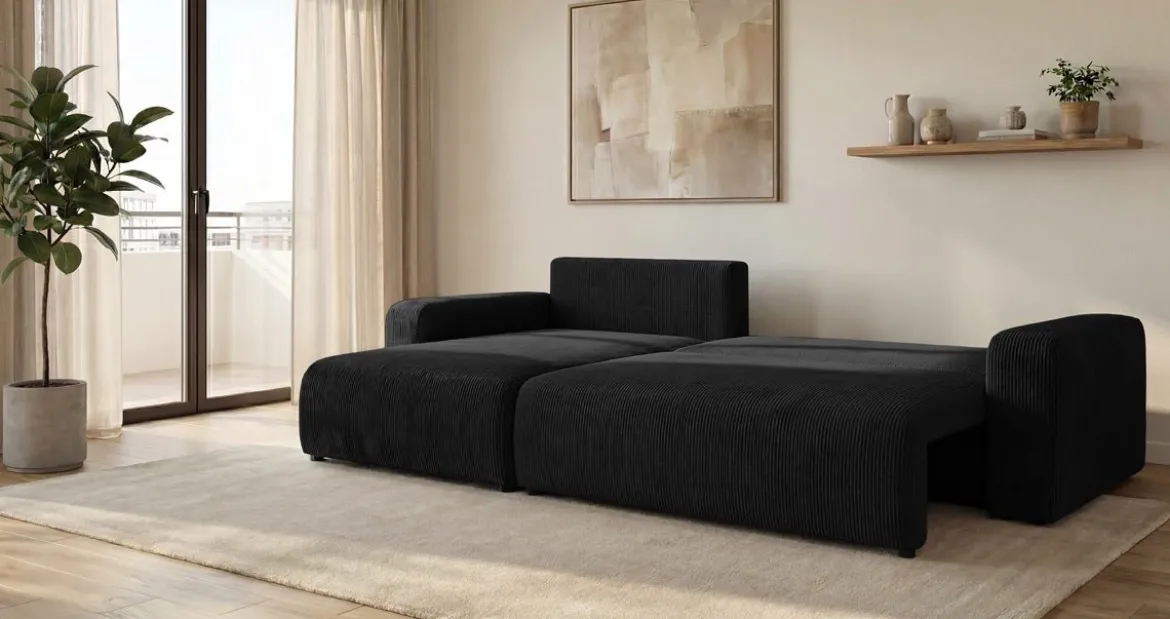 Designer Ecksofa Noma mit Schlaf- und Klappfunktion in Cord