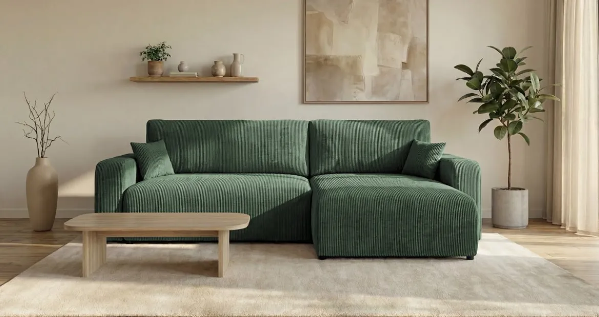 Designer Ecksofa Noma mit Schlaf- und Klappfunktion in Cord