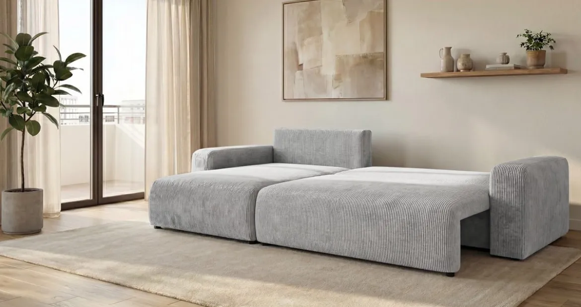 Designer Ecksofa Noma mit Schlaf- und Klappfunktion in Cord