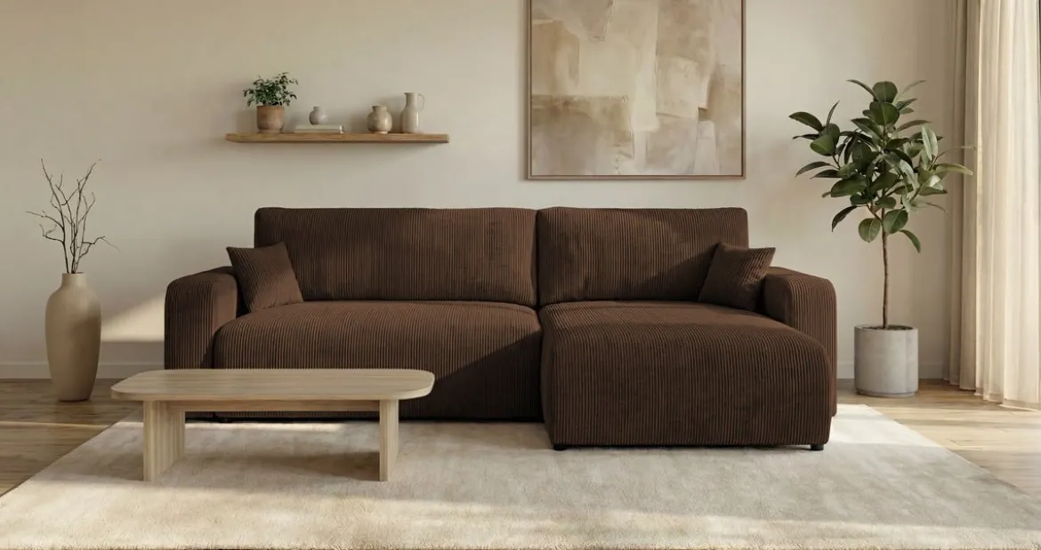 Designer Ecksofa Noma mit Schlaf- und Klappfunktion in Cord