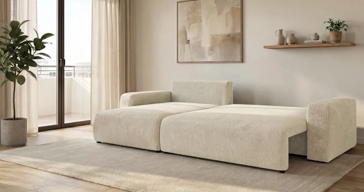 Designer Ecksofa Noma mit Schlaf- und Klappfunktion in Cord
